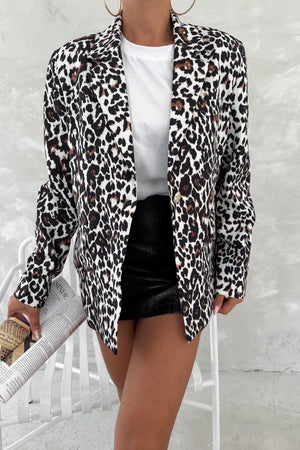 Kadın Leopar Desen Astarlı Blazer Ceket - Ekru