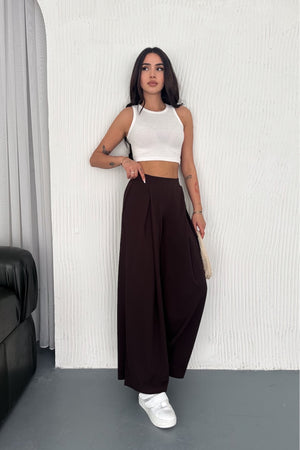 Kadın Önden Pileli Palazzo Pantolon - Kahverengi