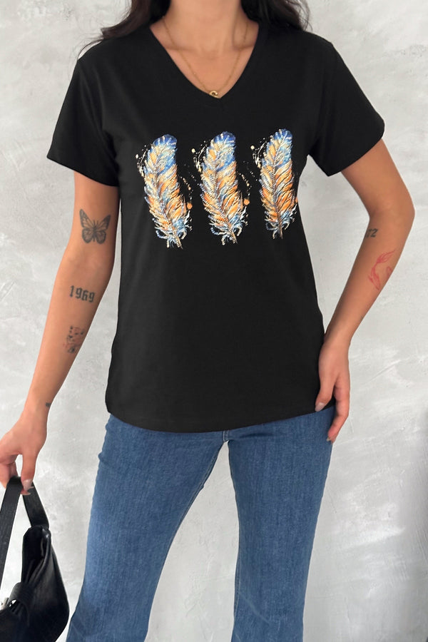 Kadın V Yaka 3 Tüy Pul Payet İşlemeli %100 Pamuk T-Shirt - Siyah