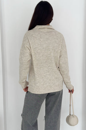 Kadın Polo Yaka Oversize Triko Kazak - Standart Beden Yumuşak Dokulu - Bej