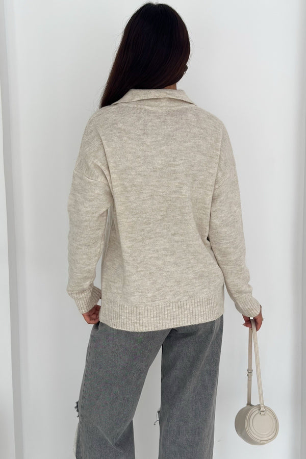 Kadın Polo Yaka Oversize Triko Kazak - Standart Beden Yumuşak Dokulu - Bej