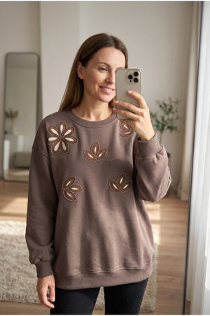Nakışlı Boncuk İşlemeli %100 Pamuk Sweatshirt - Kahverengi