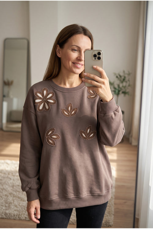 Nakışlı Boncuk İşlemeli %100 Pamuk Sweatshirt - Kahverengi