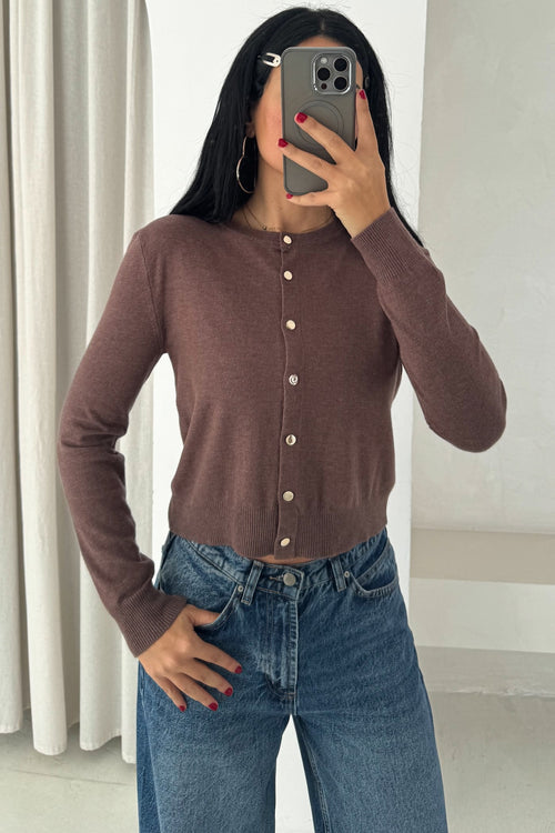 Kadın Düğmeli İnce Triko Hırka Standart Beden Basic Model Yumuşak Dokulu - Kahverengi