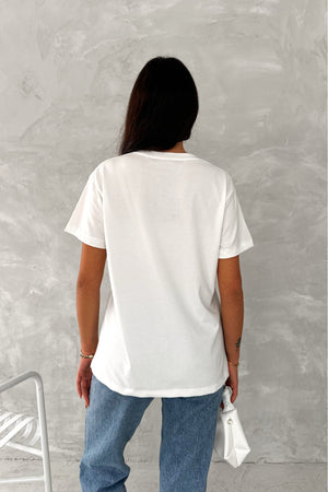 Kadın V Yaka Boncuk Ve Pul İşlemeli Kurdela Desen %100 Pamuk T-shirt - Beyaz