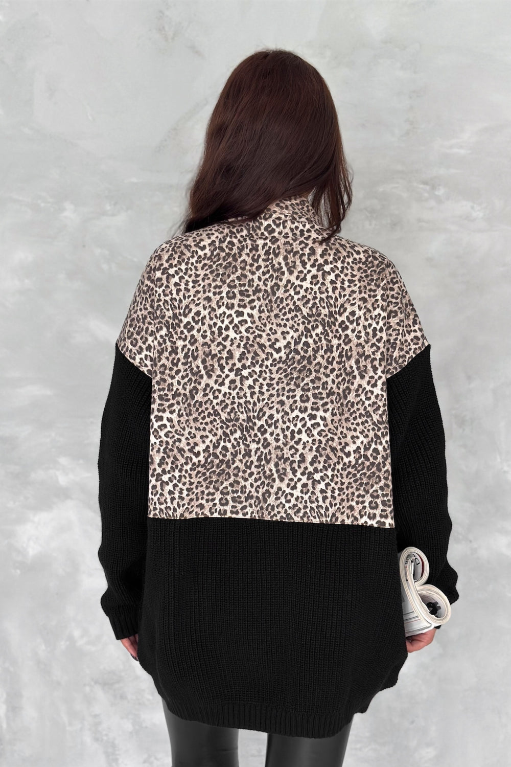 Kadın Kahverengi Standart Beden Desen Triko Detaylı Tasarım Oversize Kot Ceket - Leopar