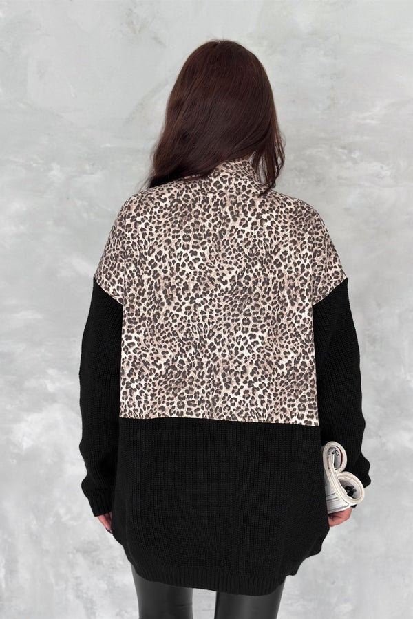 Kadın Kahverengi Standart Beden Desen Triko Detaylı Tasarım Oversize Kot Ceket - Leopar