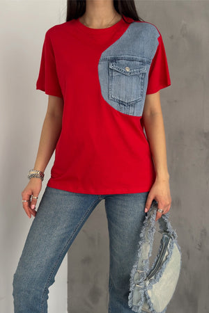 Kadın Denim Kot Detaylı Cepli Tasarım Pamuklu Tişört - Kırmızı