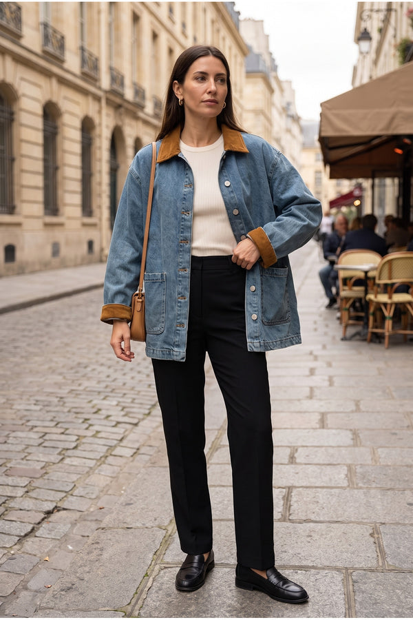 Kadın Oversize Kot Ceket Kahverengi Kadife Yaka Detaylı Cepli Uzun Denim Ceket - Mavi
