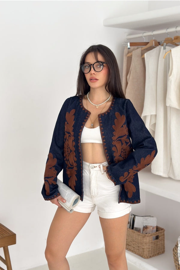 Kadın Lacivert Vintage Nakışlı Kot Denim Ceket - Kahverengi