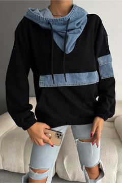 Kot Garnili Kapüşonlu Tasarım Sweatshirt - Siyah
