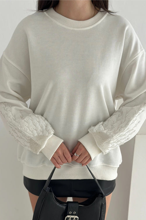 Kolları Boncuk Ve Taş İşlemeli %100 Pamuk Sweatshirt - Beyaz