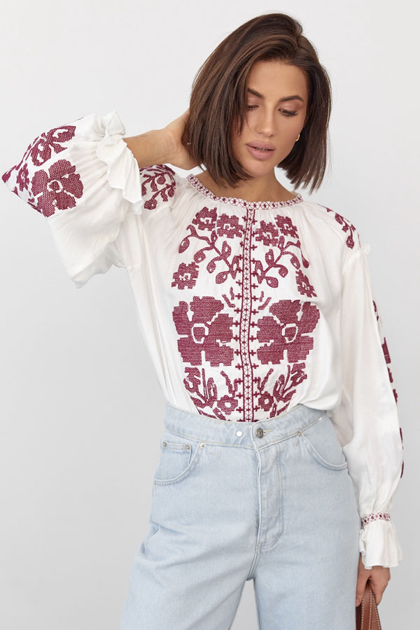Kadın Yeni Sezon Komple Çiçek Nakış İşlemeli Tasarım Vintage Bluz - Beyaz