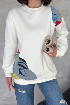 Kadın Şardonlu Tasarım Kot Detaylı Sweatshirt - Beyaz