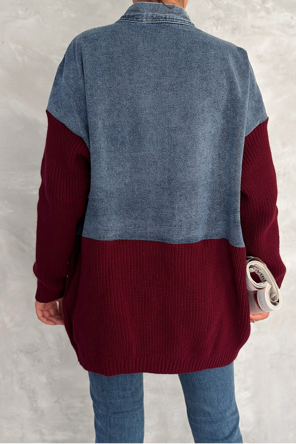 Kadın Triko Detaylı Tasarım Oversize Kot Ceket - Bordo
