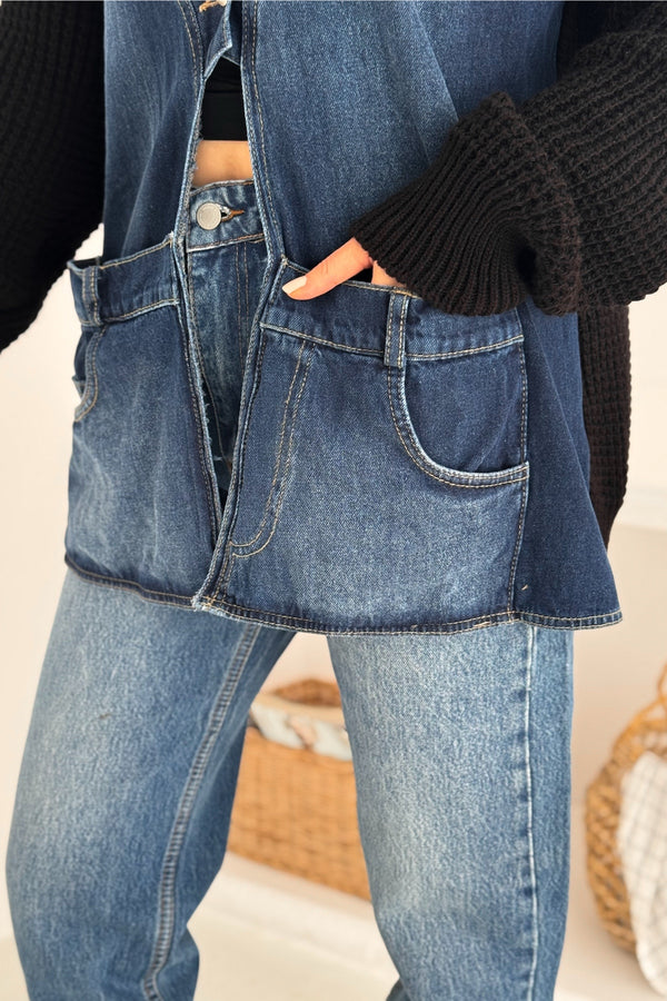 Kolları Ve Sırtı Triko Kot Denim Oversize Hırka Cepli Standart Beden - Siyah
