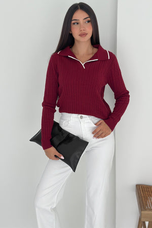 Kadın Polo Yaka Standart Beden Triko Bluz - Bordo