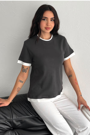 Kadın Antrasit Yuvarlak Yaka Şerit Detaylı %100 Pamuk T-shirt - Gri