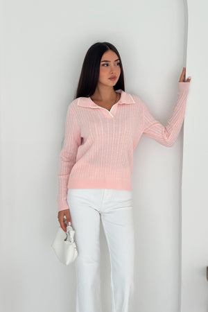 Kadın Polo Yaka Standart Beden Triko Bluz - Pembe