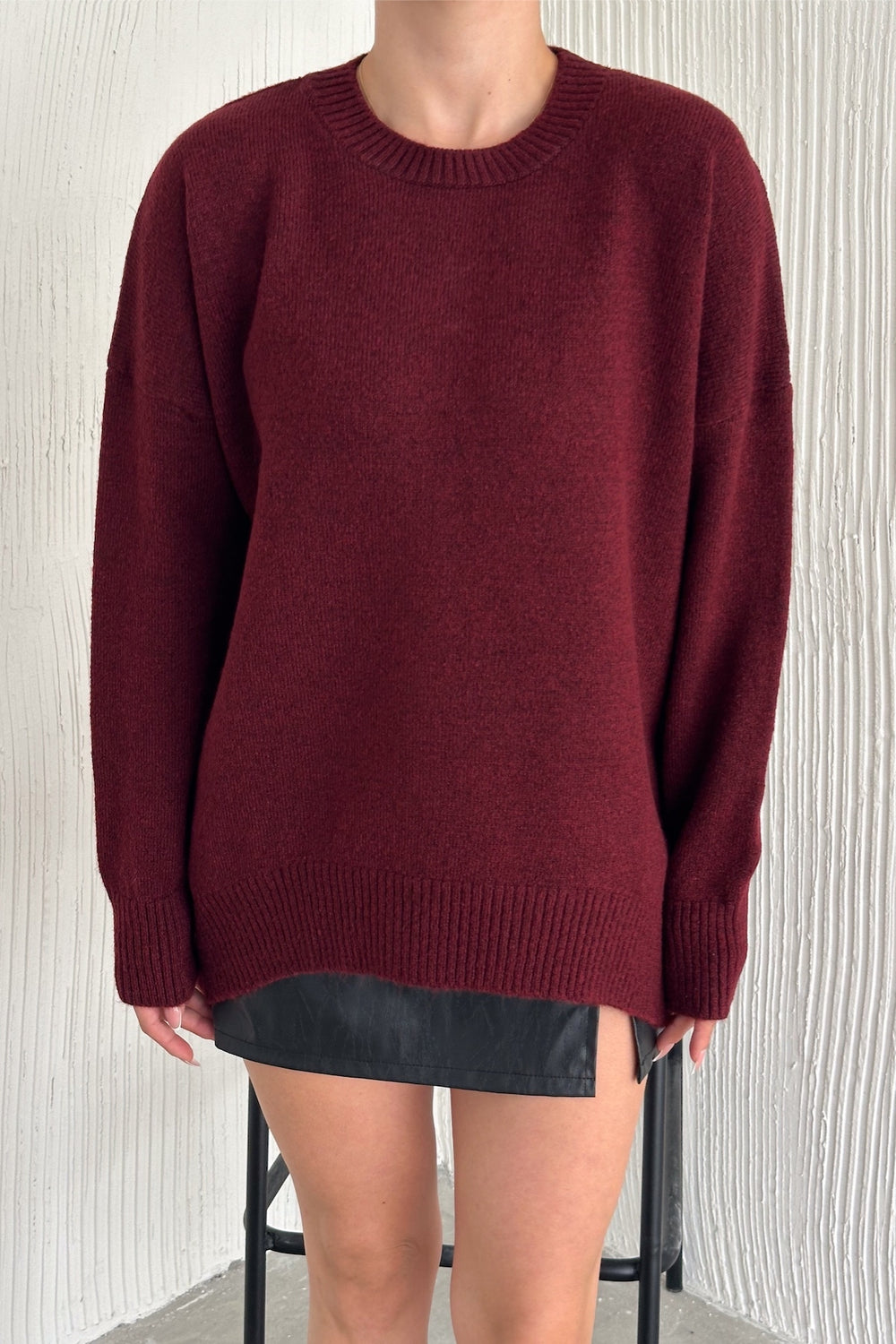 Kadın Standart Beden Oversize Basic Triko Kazak - Bordo