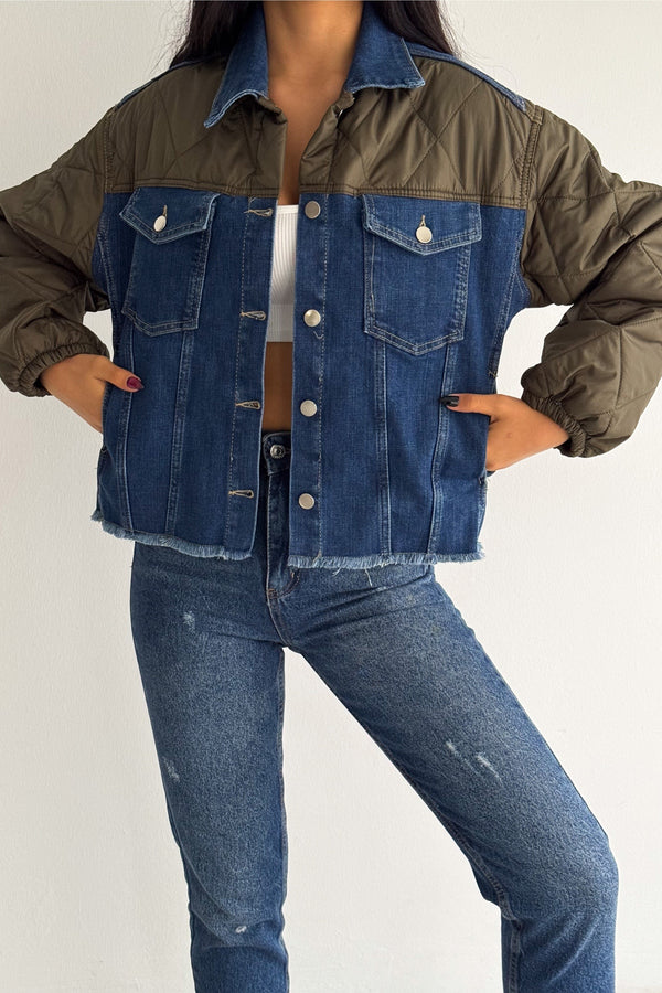 Kapitone Garnili - Denim Kot Mont - Haki