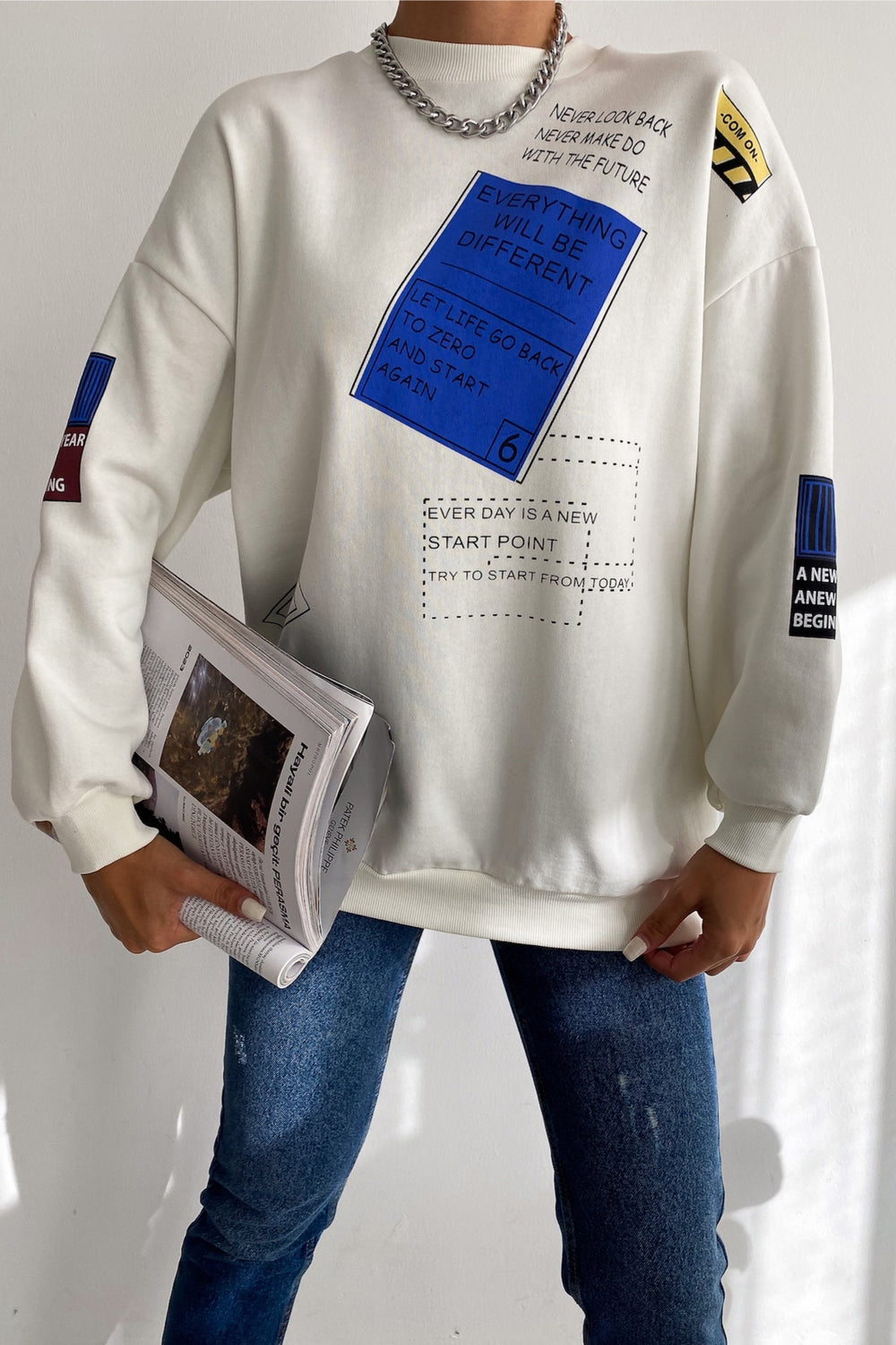 Kadın Düşük Omuz 3 İplik Şardonlu Oversize Pamuk Sweatshirt - Beyaz