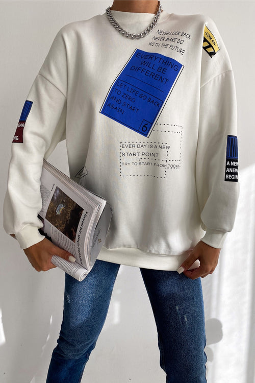 Kadın Düşük Omuz 3 İplik Şardonlu Oversize Pamuk Sweatshirt - Beyaz