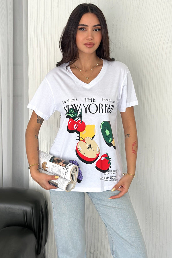 Kadın V Yaka New York Baskılı %100 Pamuk Tişört - Beyaz