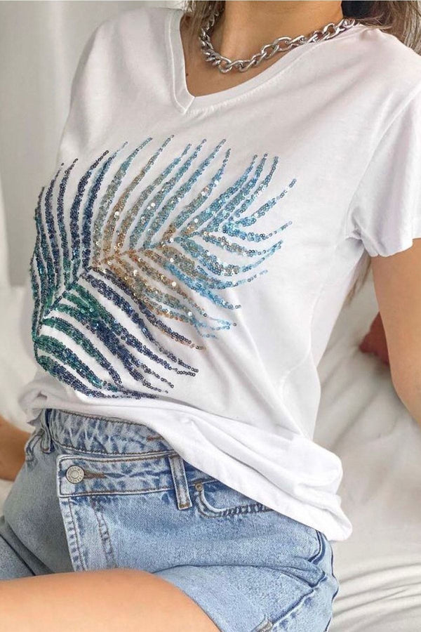 Kadın V Yaka Yaprak Pul Payet Işlemeli %100 Pamuk T-shirt - Beyaz