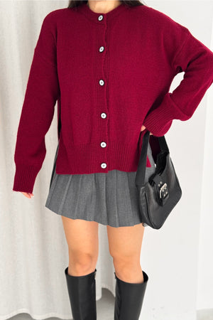 Yanı Yırtmaçlı Düğmeli Oversize Triko Hırka Standart Beden - Bordo