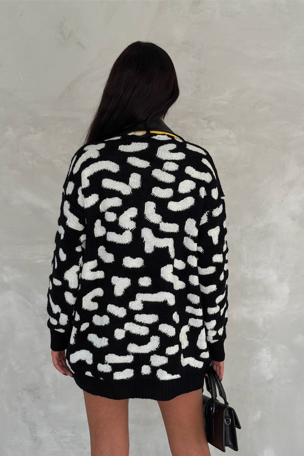 Kadın Leopar Desen Fermuarlı Derili Oversize Triko Hırka - Sarı