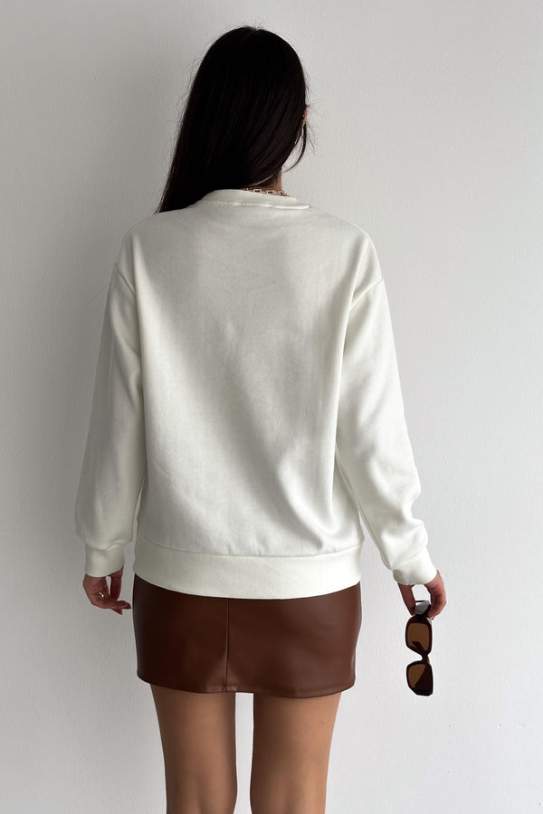 Nakış İşlemeli - İçi Pamuklu Sweatshirt - Ekru