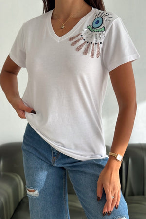 Kadın V Yaka Omzu Nakış Ve Pul Payet İşlemeli %100 Pamuk T-Shirt - Beyaz