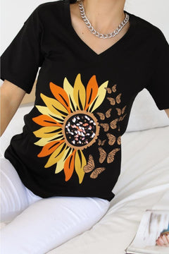 Kadın V Yaka Papatya Kelebek Pul Işlemeli Pamuk T-shirt - Siyah