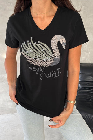 Kadın V Yaka Kuğu Pul Payet Ve Nakış İşlemeli %100 Pamuk T-Shirt - Siyah
