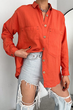 Kadın Ahşap Düğmeli Katlanır Kol Çift Cepli Salaş Dökümlü Bol Kalıp %65 Pamuk %35 Keten Gömlek - Kiremit