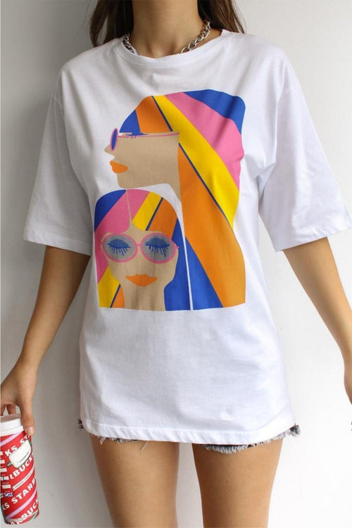 Kadın Baskılı Pamuklu Yeni Sezon T-shirt - Karışık
