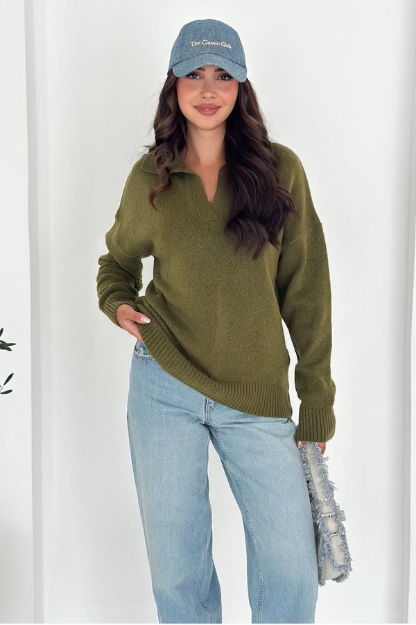 Kadın Polo Yaka Oversize Triko Kazak - Standart Beden Yumuşak Dokulu - Haki