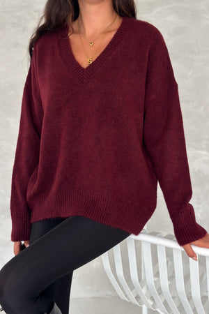 Kadın V Yaka Standart Beden Oversize Basic Triko Kazak - Bordo