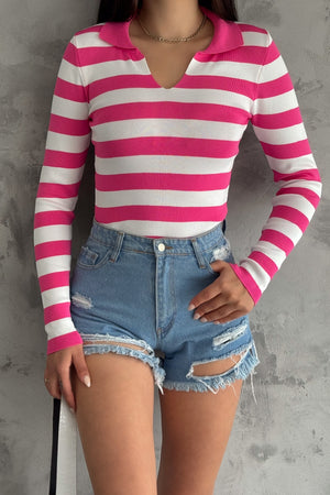 Kadın Standart Beden Polo Yaka Bluz - Pembe