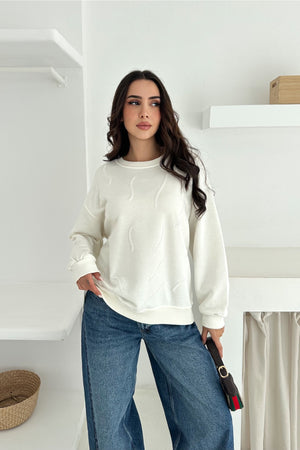 Kadın Boncuk İşlemeli %100 Pamuk Sweatshirt - Beyaz