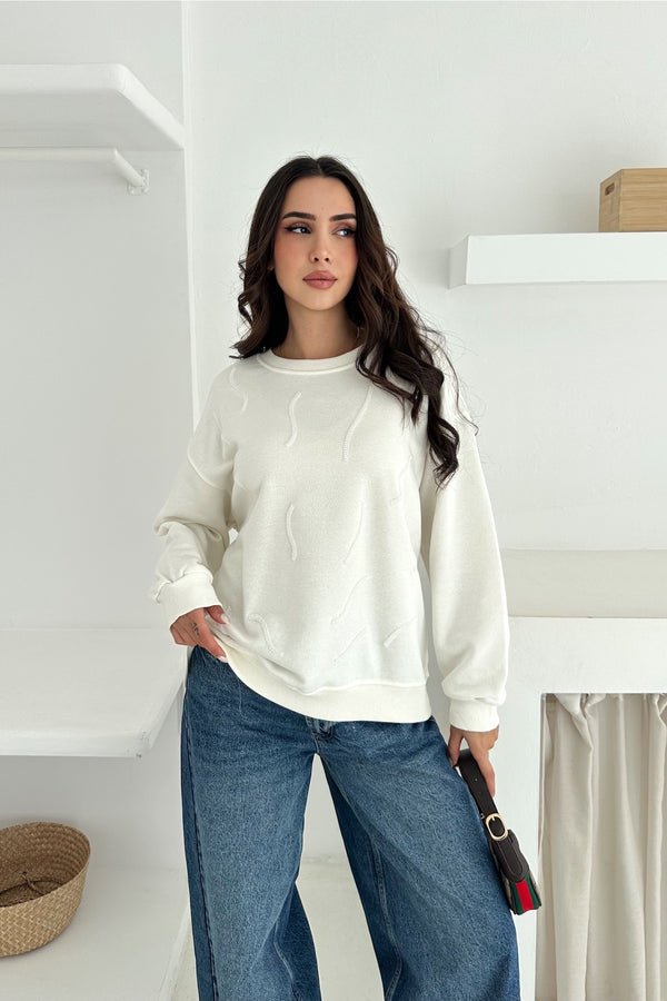 Kadın Boncuk İşlemeli %100 Pamuk Sweatshirt - Beyaz