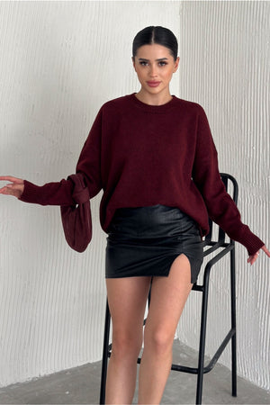 Kadın Standart Beden Oversize Basic Triko Kazak - Bordo