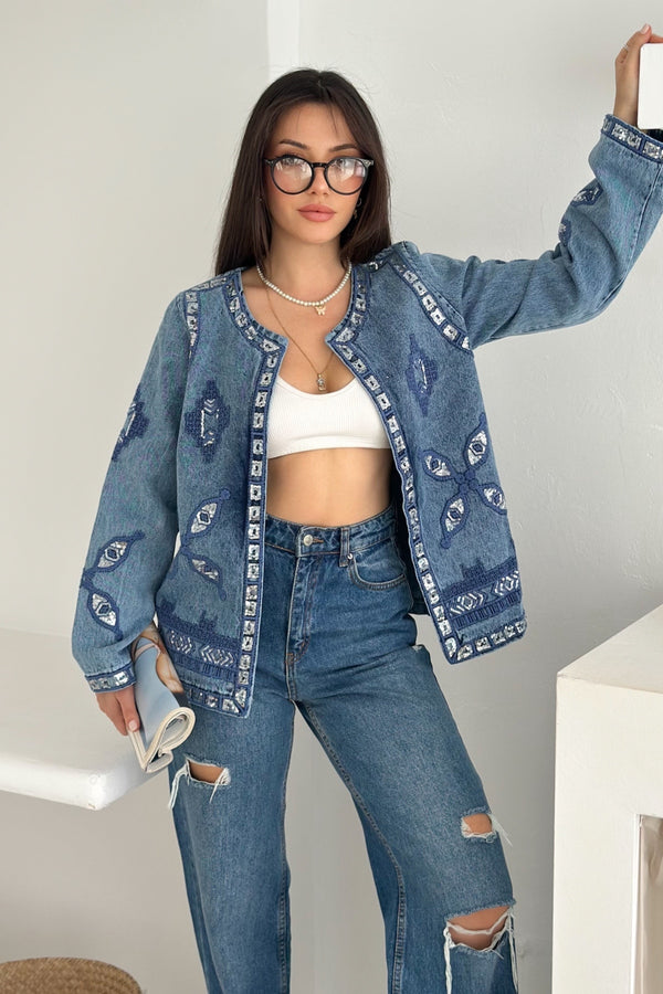 Etnik Desenli Pul Payet Nakışlı Denim Kot Ceket Vintage Bohem Tarz - Mavi