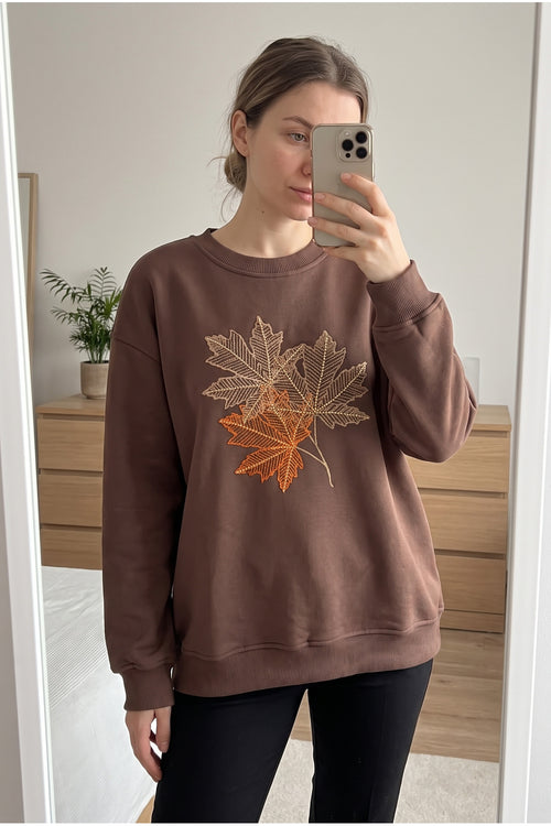 %100 Pamuk Boncuk İşlemeli Sweatshirt Yaprak Desenli - Kahverengi