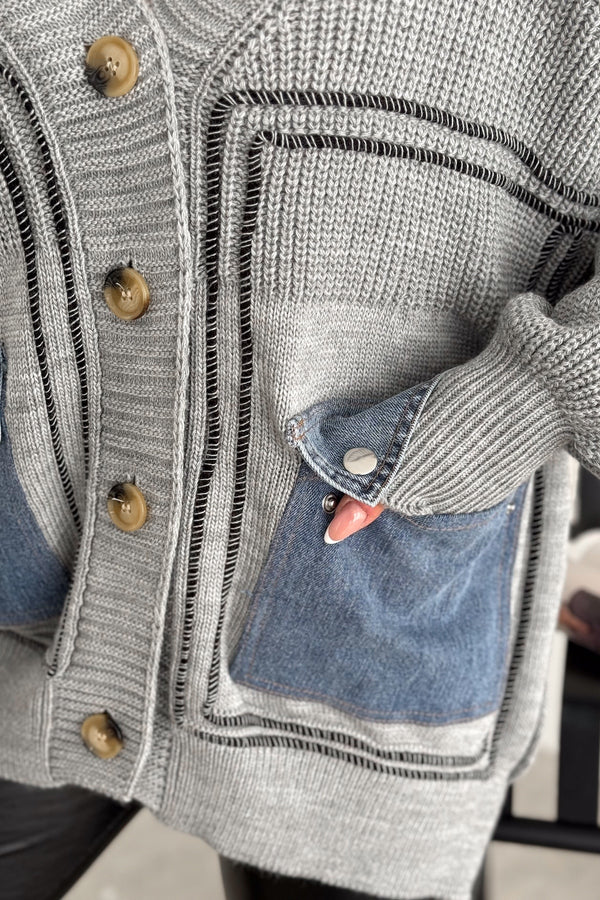 Kadın Oversize Triko Hırka Standart Beden Düğmeli Kot Cep Detaylı - Gri