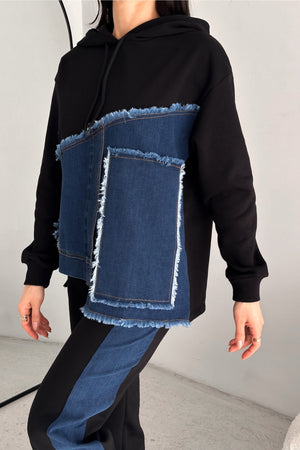 Denim Kot Garnili Kapüşonlu Eşofman Takımı - Siyah