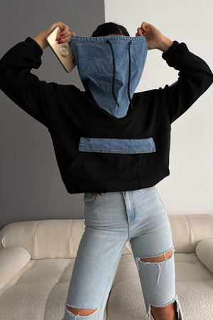 Kot Garnili Kapüşonlu Tasarım Sweatshirt - Siyah