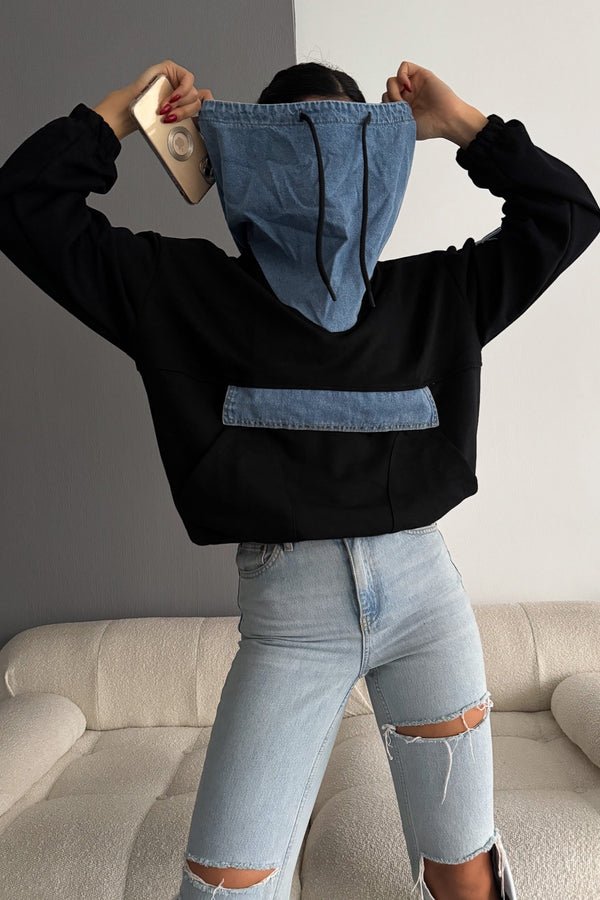 Kot Garnili Kapüşonlu Tasarım Sweatshirt - Siyah