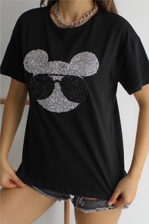 Kadın Yeni Sezon Bisiklet Yaka Pamuklu T-shirt - Siyah